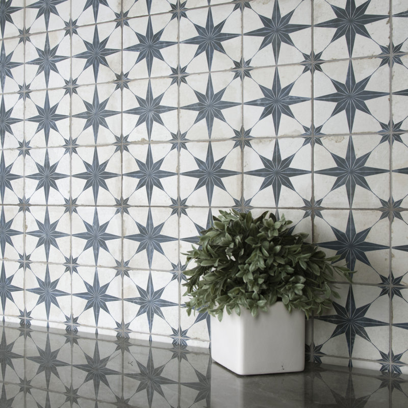 Carreau de céramique à motif pour mur et plancher 13 po x 13 po Harmonia, Blanc / bleu denim