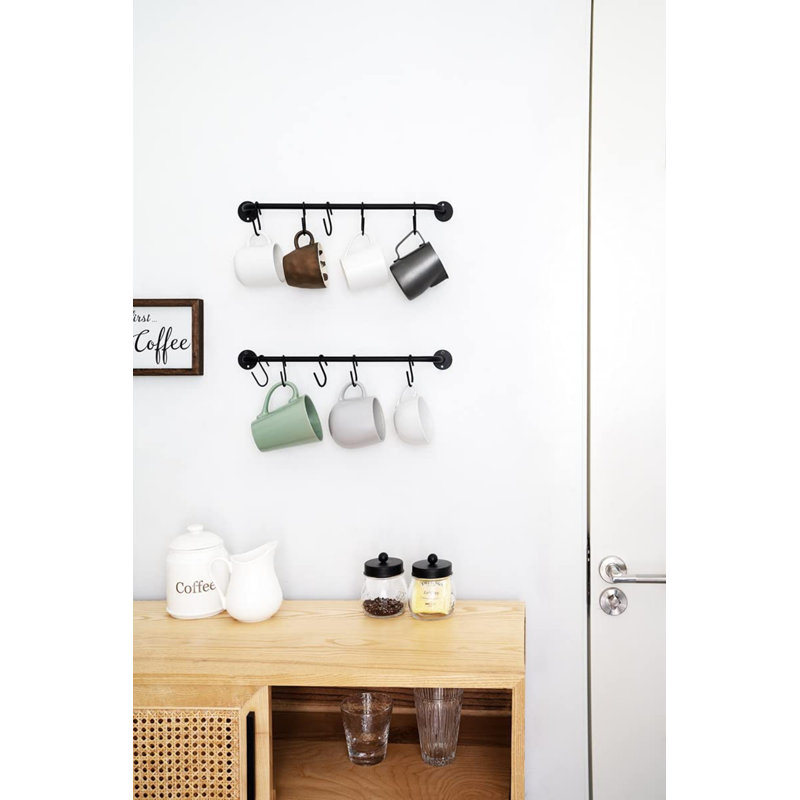 Porte-gobelet mural et porte-gobelet porte-gobelet mural moderne en métal avec 10 crochets à tasses avec rangement pour ustensiles rustiques, ensemble de 2, noir