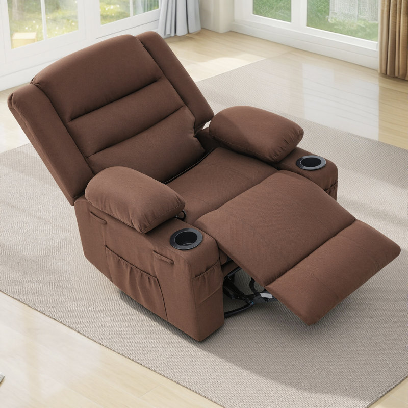 Extendable Armrest Swivel Glider Chair, 360° Rotation Rocking Chair With Cup Holders & Side Pockets, Brown Polyester