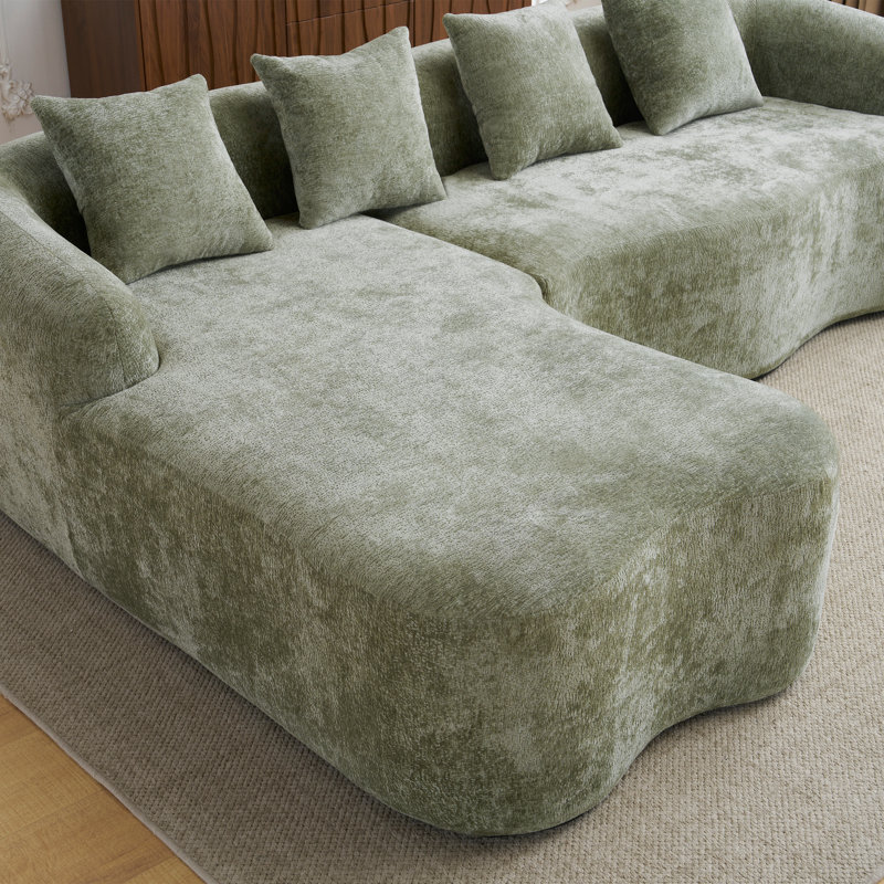 Canapé modulaire en L à compression complète avec méridienne incurvée, canapé en chenille vert modulaire, haute densité pour le salon en appartement