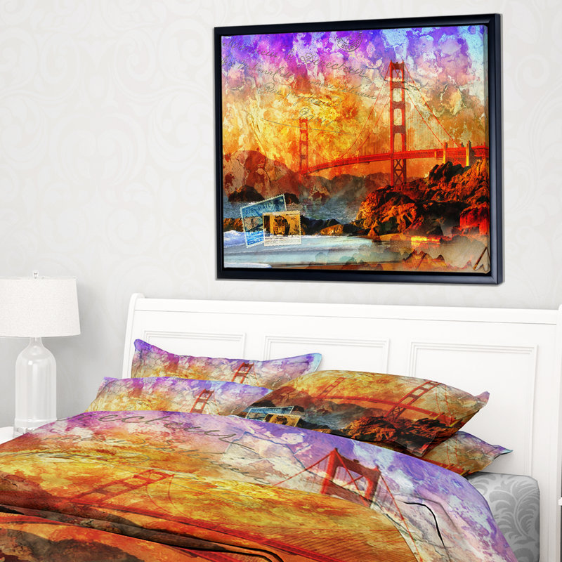 San Francisco Bridge - impression d'art graphique, H 30 po x l 40 po x P 1,5 po, Toile avec cadre flottant