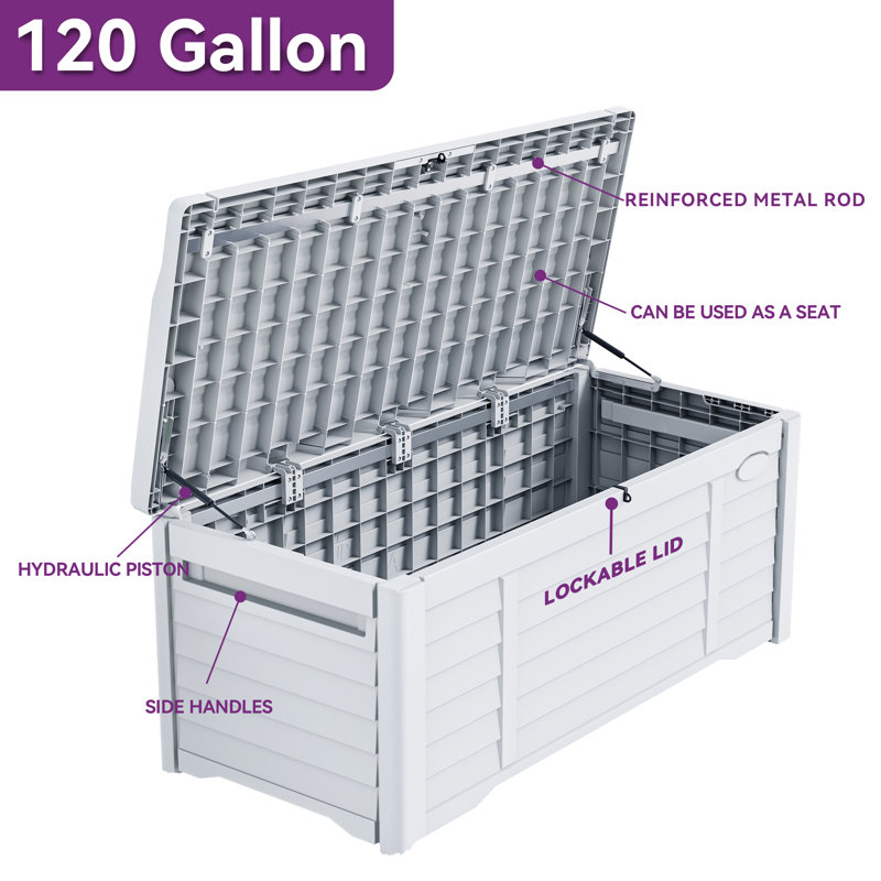 Edrosie Inc 120 Gallons Water Resistant Resin Lockable Deck Box with cushion, White
