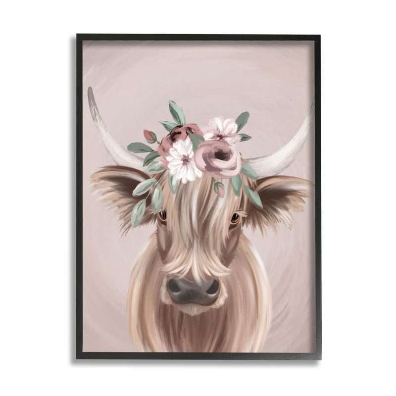 Highland Bovins, couronne de fleurs roses, estampe numérique par Jo Taylor, H 20 po x l 16 po x P 1,5 po