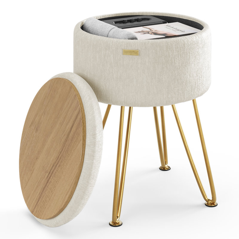 Modern Round Storage Ottoman Side Table, Gold, White Velvet