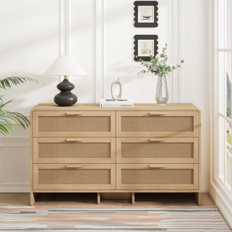 Arc Shaped Corner Rattan Cabinet With 6-Drawers, Natural Wood And Particle Board For Versatile Storage In Living Room, Bedroom, And Kitchen