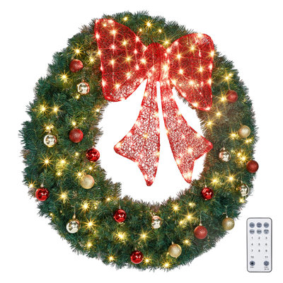 48IN Lighted Bow Green Wreath with 50 Red Lights 150 Warm White Lights 8 Modes Remote Control 450 Branch Tips Red Gold Ornaments PVC Christmas Wreath