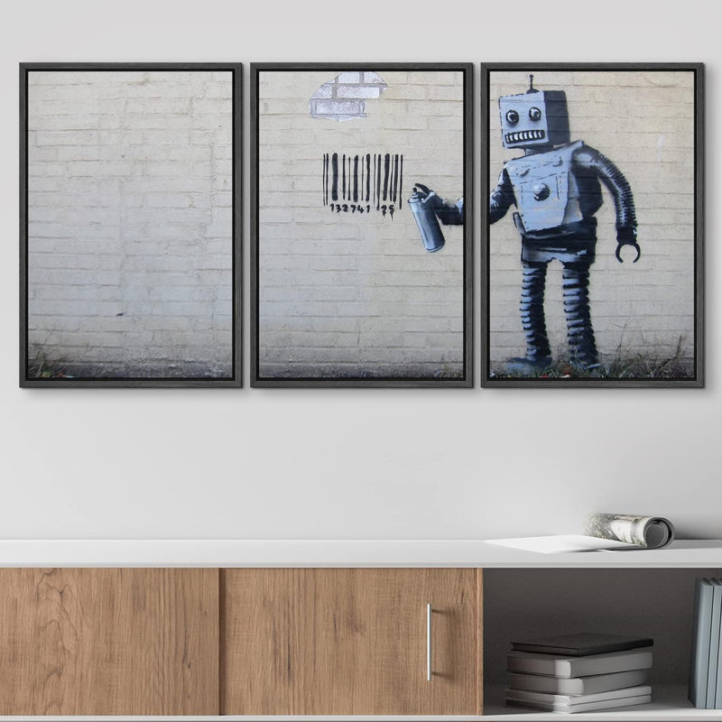 «Robot Graffiti Banksy in Street», reproduction d'art sur toile tendue, H 24 po x l 48 po, Cadre naturel flottant