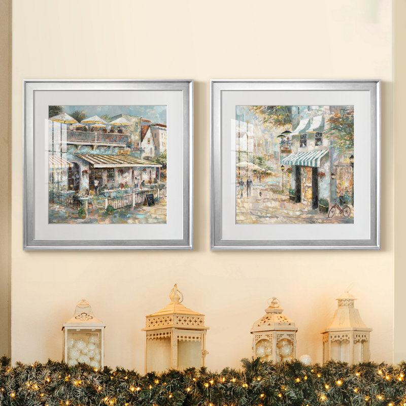 «Rooftop Cafe Détail I», ensemble de 2 reproductions d'art, H 22,5 po x l 45 po x P 1,5 po, Papier avec cadre argenté, Blanc