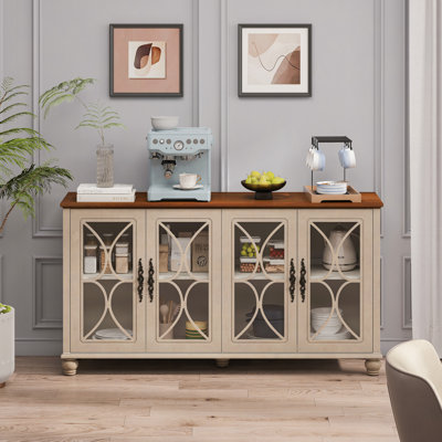 Elegant European Antique Style 4-Door Cabinet With Tempered Glass Doors,For Dining Room,Living Room,Hallway,Easy Assembly