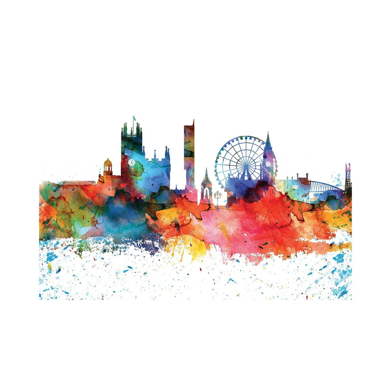 Manchester Colourful Watercolour Skyline by WallDecorAddict - Wrapped Canvas Painting, 20.32 cm H x 30.48 cm W