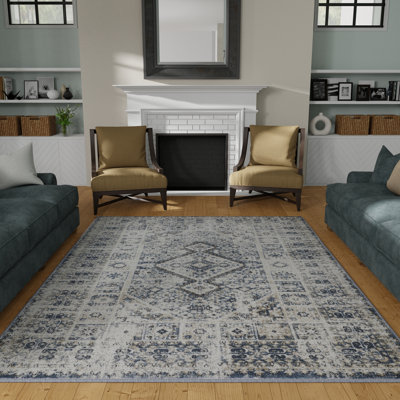 Tapis oriental bleu / crème en polypropylène tissé à la machine Araly