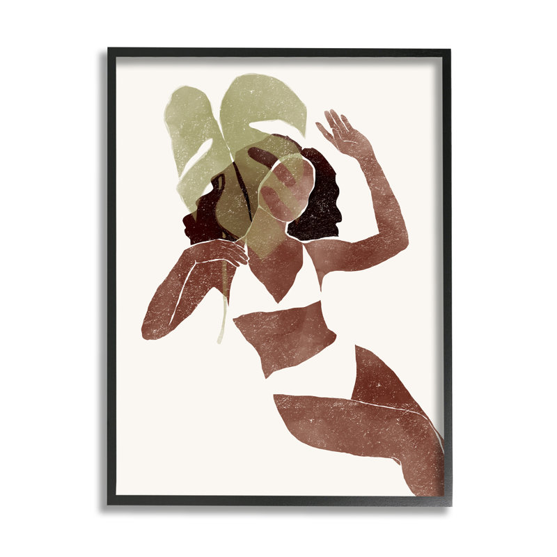 «Monstera Leaf Girl Earth Tones» par Yuyu Pont - impression, H 14 po x l 11 po x P 1,5 po, Giclée encadrée noir minuit
