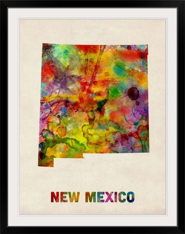Francy «New Mexico Watercolor Map» par Micheal Tomsett - reproduction, H 24 po x l 20 po x P 1 po, Cadre noir