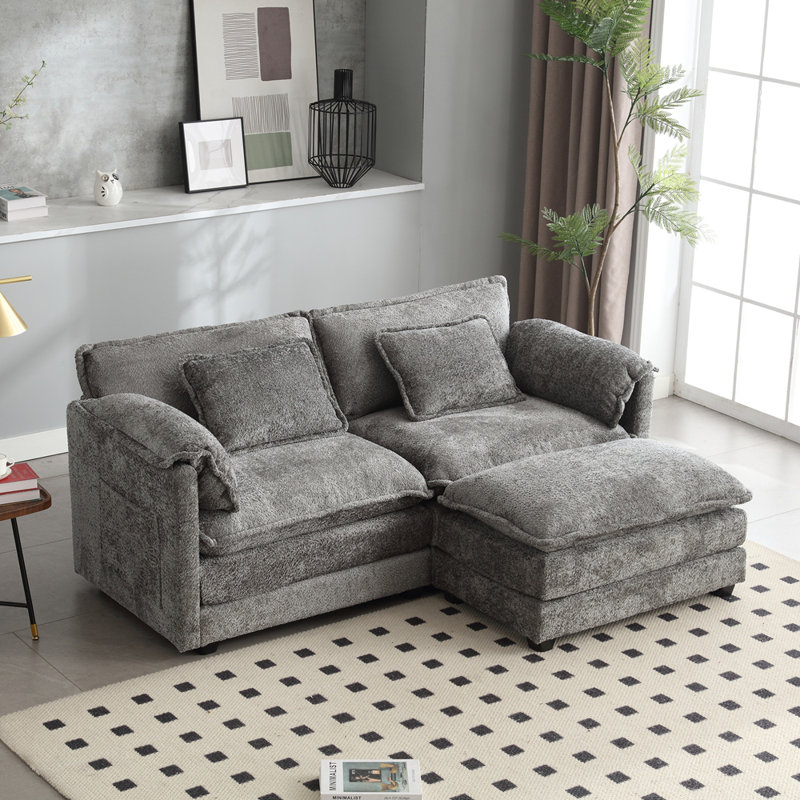 Tissu en chenille, accoudoirs amovibles avec poches latérales, rembourrage en éponge haute densité, canapé double surdimensionné avec repose-pieds