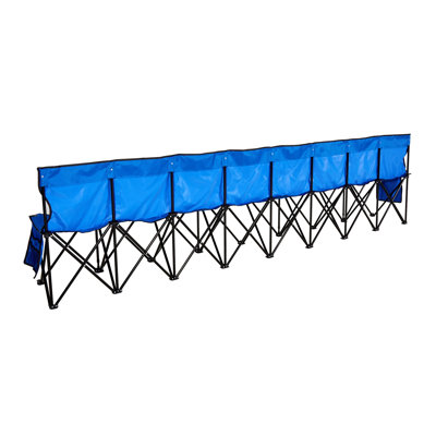 Portable Folding Team Bench with Backrest, 8-Seat Sideline Seating for Soccer and Baseball, Blue Oxford Fabric with Side Pockets and Carry Bag