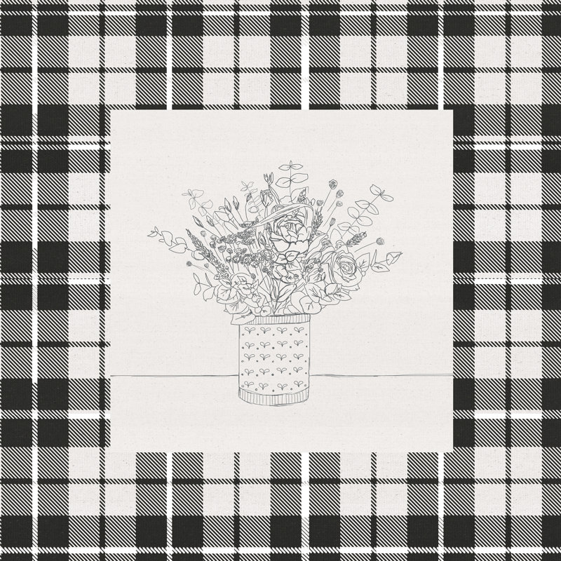Flowers In Vase Drawing On Plaid - Wrapped Canvas Print, 30cm H x 30cm W x 3.8cm D