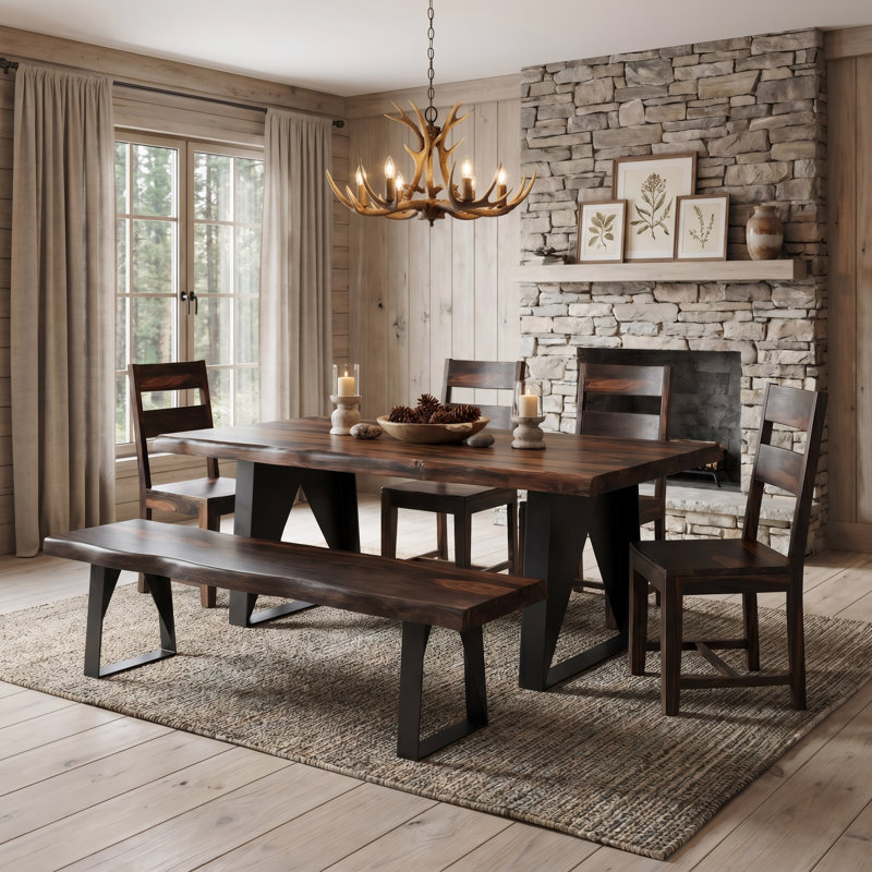 Chaliyah Solid Wood Top Metal Base Dining Table, Walnut