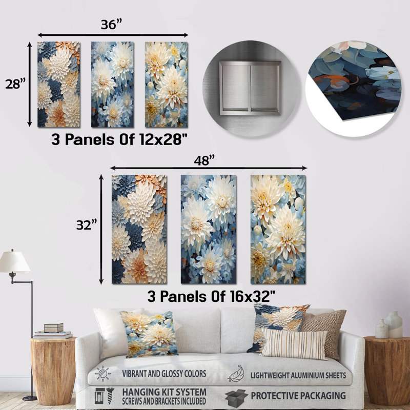 «Garden Bliss Mums» en blanc et bleu - ensemble de 3 décorations murales en métal Mums, H 28 po x l 36 po