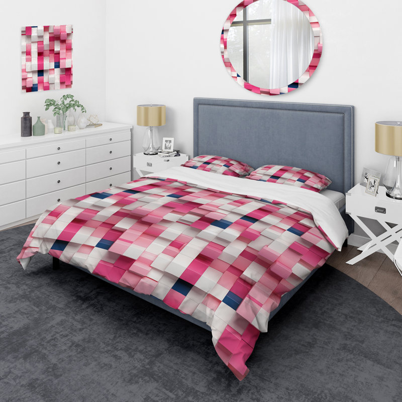 Ensemble de housse de couette rose et blanc Blockchain Blocks I, Housse de couette simple + 1 taie décorative stan
