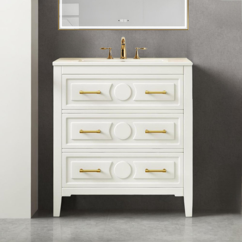 Ensemble de meuble-lavabo simple 30 po avec 3 tiroirs, meuble-lavabo autoportant avec cadre en bois massif 30 po, blanc