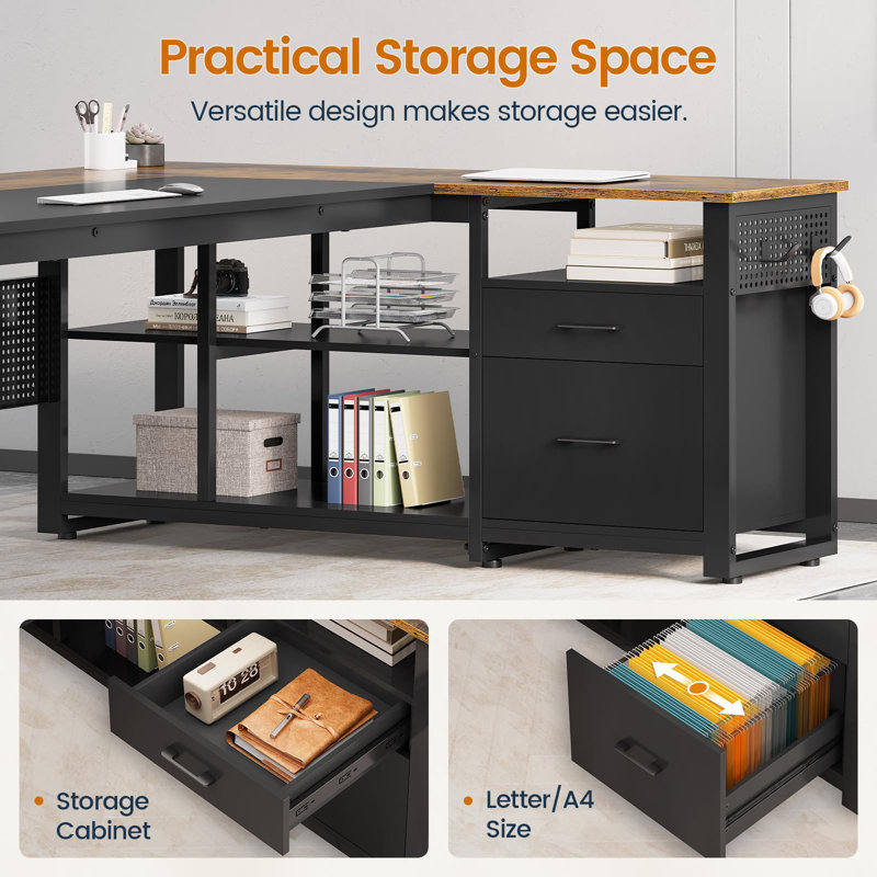 71" L-Shaped Executive Desk With Power Outlets, Modern Home Office Corner Desk with File Drawers and Pegboard, Rustic Brown