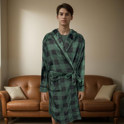 Elegant Comfort Luxury Men’S Hooded Plush Fleece Spa Bathrobe With Shawl Collar And Pockets - Velvet Soft, Mens Spa Long Robe