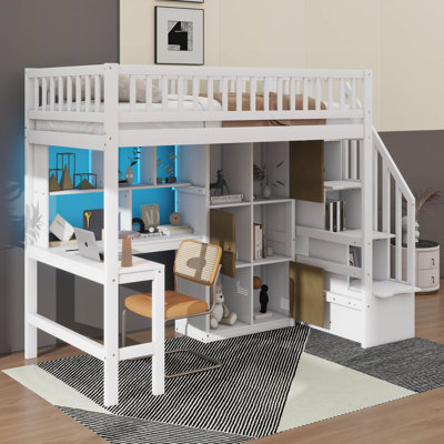 Lit surélevé simple en bois avec bureau intégré, éclairage à DEL, tablettes de rangement, armoires