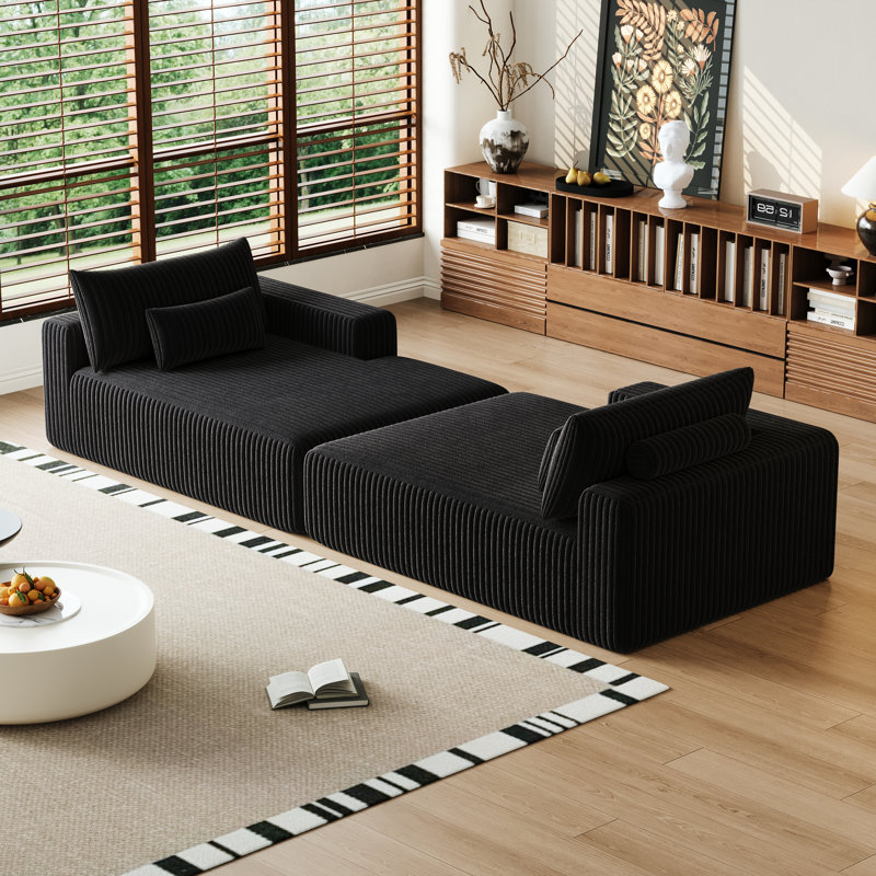 Wommack Comfy Sectional Lounge Chaise, Velours côtelé noir