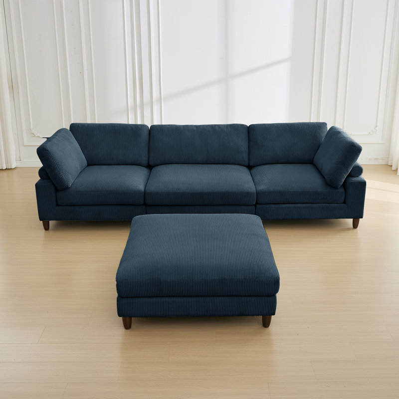 4-Piece Sofa With Ottoman, Blue Corduroy