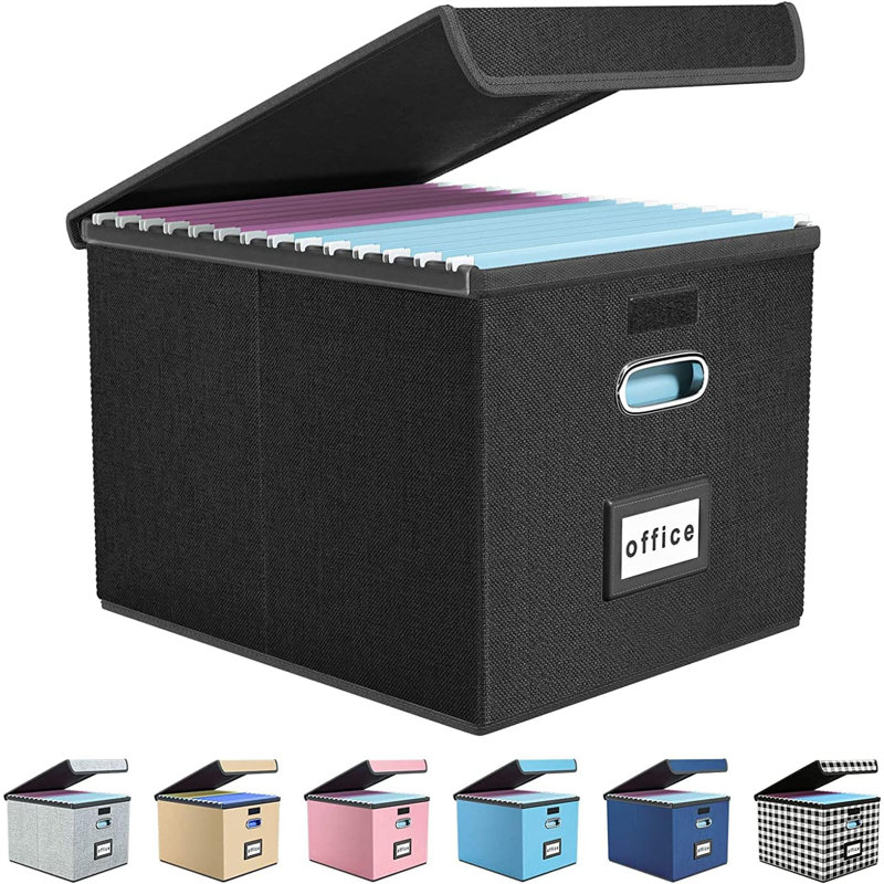 Large Linen Hanging Office Document Storage Box with Lid - Black, Collapsible Filing & Storage Boxes