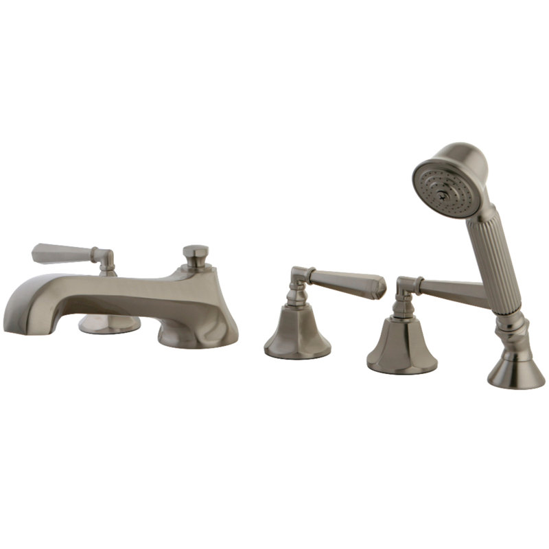 Kingston Brass Three-Handle 5-Hole Deck Mount Roman Tub Faucet with Hand Shower, Brushed Nickel