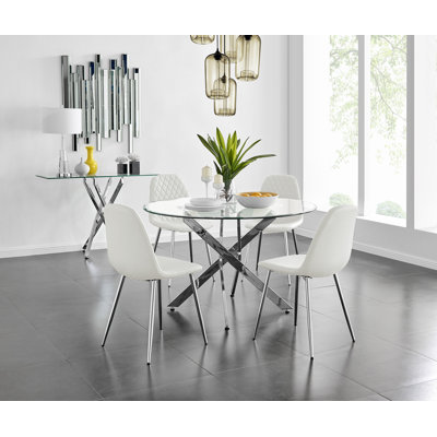 Tierra Modern Chrome Metal & Glass Round Dining Table Set with 4 Luxury Faux Leather Chairs