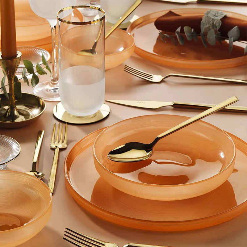 Ensemble de vaisselle élégante 18 pièces, couleur saumon, 100% verre | Comprend 6 assiettes de service (10,2 x 10,2 po), 6 assiettes (7,5 x 7,5 po), 6 bols (5,5 x 5,5 po) | Parfait pour le divertissement et l'utilisation quotidienne, design élégant et sophistiqué