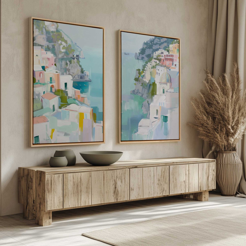 Ensemble de 2 impressions Coastal Village Glow, Cadre flottant noyer, 30 po x 20 po