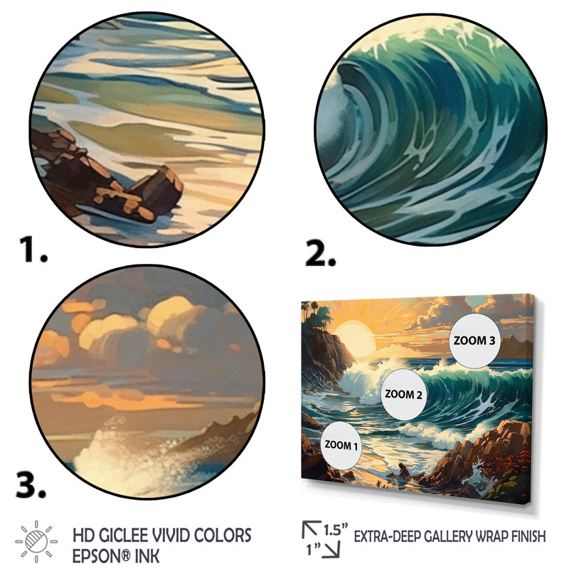 Bright Sun Majestic Waves II sur impression sur toile, H 16 po x l 32 po x P 1 po, Cadre flottant noir