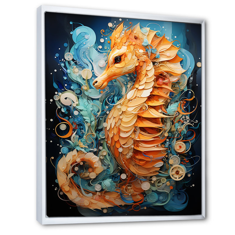Hippocampe orange et bleu Symphony 1, Cadre flottant blanc, H 44 po x l 34 po x P 1,5 po