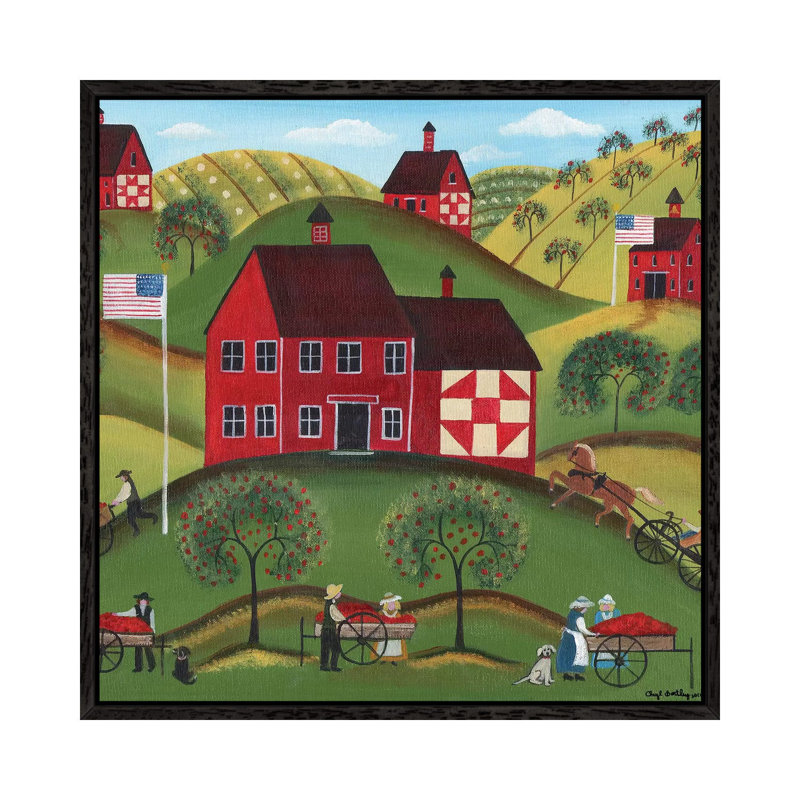 Primitive Americana Red Apple Barn by Cheryl Bartley - Print on Canvas, 45.72 cm H x 45.72 cm W, Black Framed