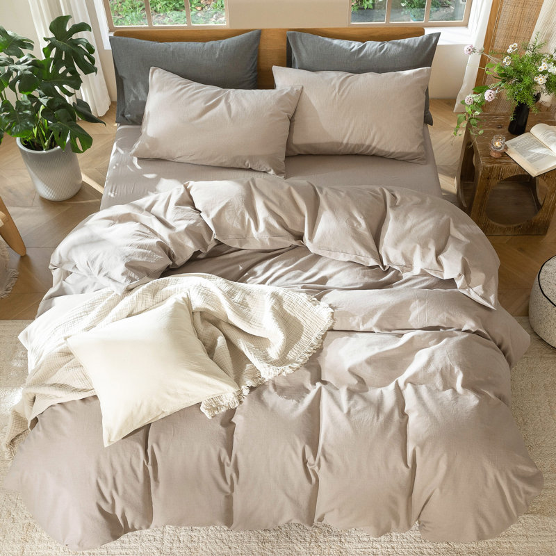 Ensemble de housse de couette 100% coton délavé MooMee, Housse de couette pour très grand lit et 2 taies , Taupe