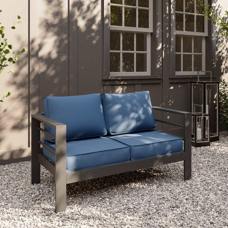 Outdoor Aluminum Loveseat, Navy Blue/Gray