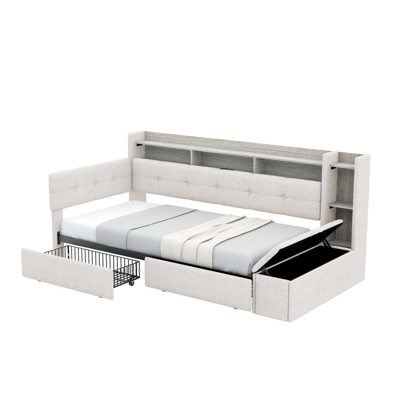 Lit de jour moderne rembourré avec rangement intégré et caractéristiques intelligentes, Beige
