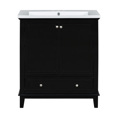 Meuble-lavabo de salle de bain avec lavabo en céramique - 30 po, noir, bois massif et armoire moderne