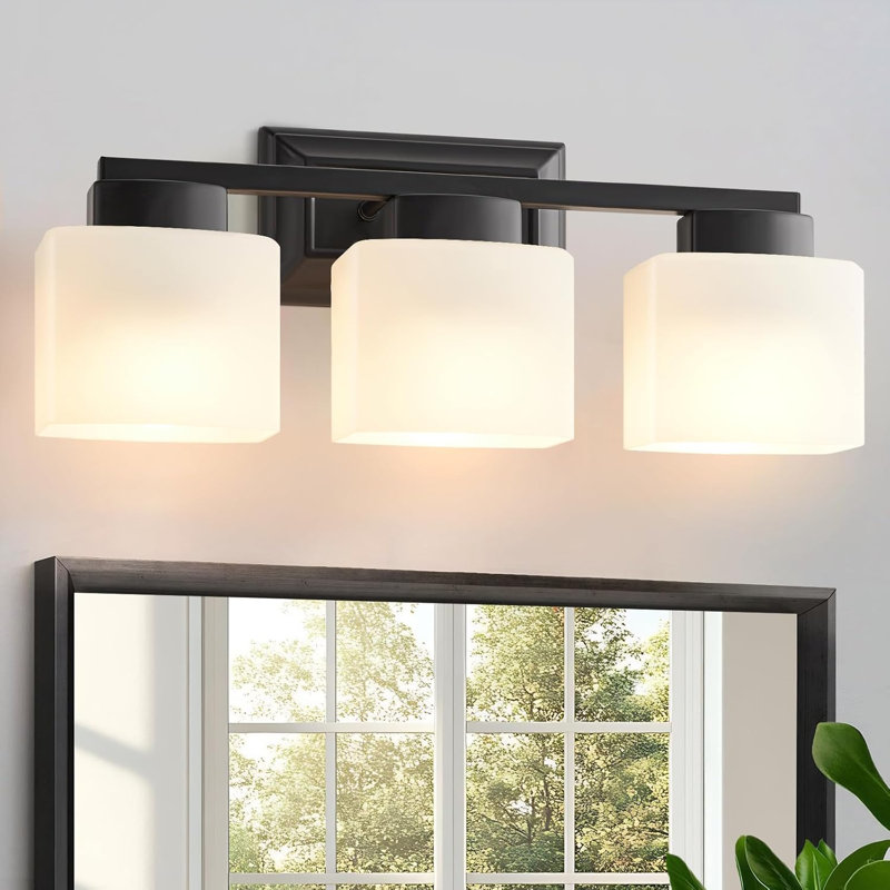 3-Light Black Bathroom Vanity Lights With Frosted Glass Shade Modern Bathroom Lighting Fixtures Over Mirror