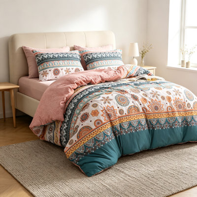 Reversible Bohemian Botanical Queen Comforter Set, 7 Piece Bed in a Bag
