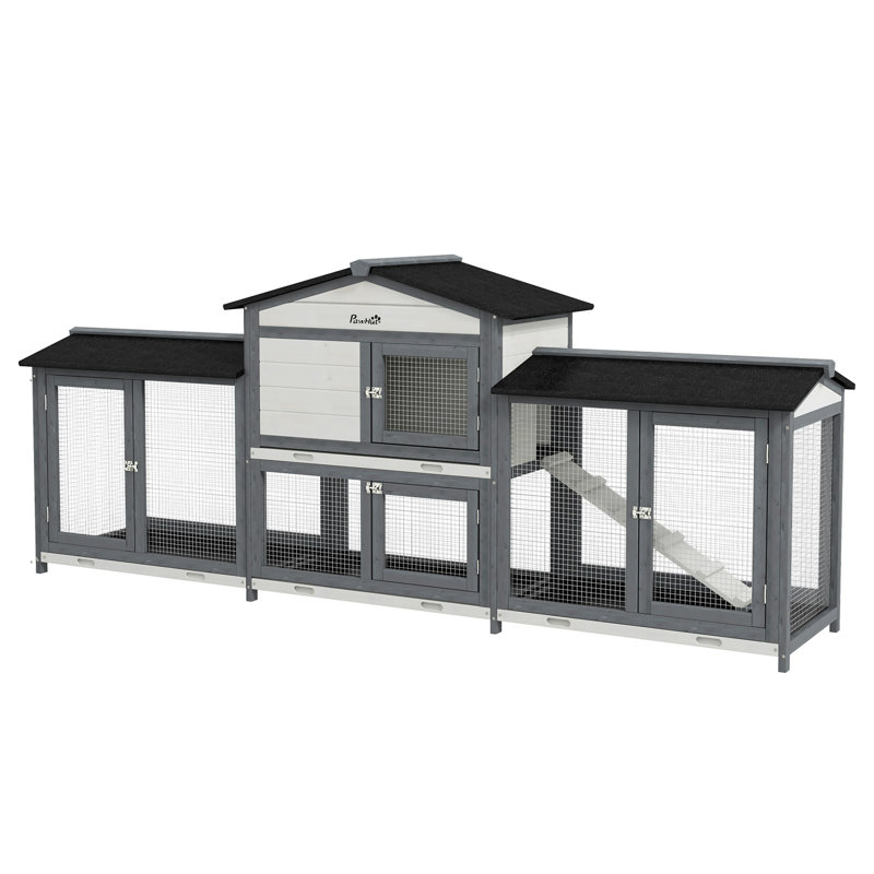 Enclos 90,5 "en bois avec cage à lapin et cage pour animaux de compagnie, Gris