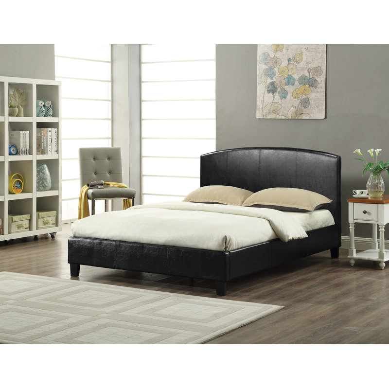 Lit plateforme tapissier moderne avec tête de lit incurvée, base de lit en similicuir, aucun sommier requis, espresso, simple