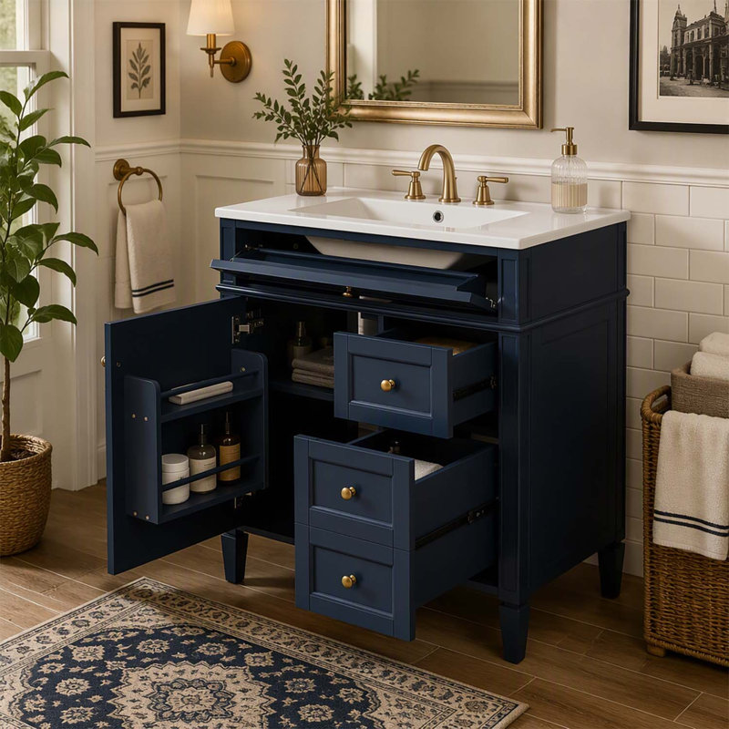 Meuble-lavabo moderne de 76 cm avec lavabo supérieur, grand espace de rangement et design minimaliste élégant pour une utilisation efficace de l'espace.