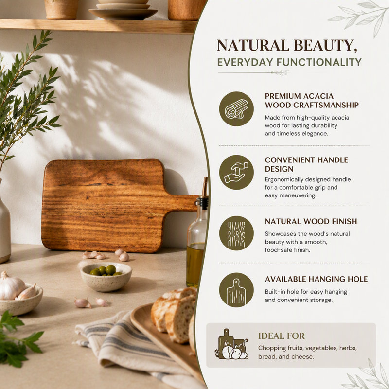 Planche à découper en bois d'acacia avec poignée, planche de cuisine et de service polyvalente pour un usage quotidien et pour recevoir.