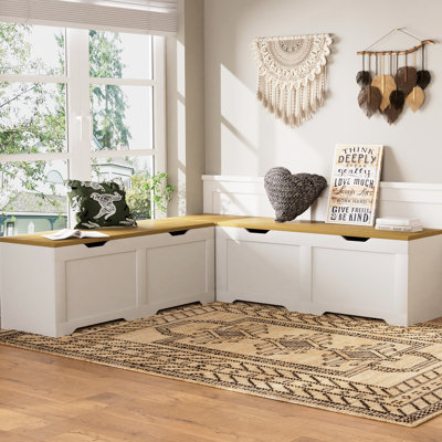Banc de rangement multifonctionnel en forme de L 3 pièces avec coussin, servant de banc de coin de cuisine, de boîte de rangement pour jouets ou de siège de coin lecture., Blanc et naturel, P 63 po x l 63 po x H 19,1 po
