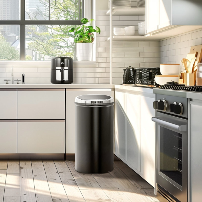 42 Liter Automatic Motion Sensor Kitchen Waste Bin with Removable Inner Bucket, Stainless Steel Body, Touch-Free Operation and Manual Override Buttons, Black