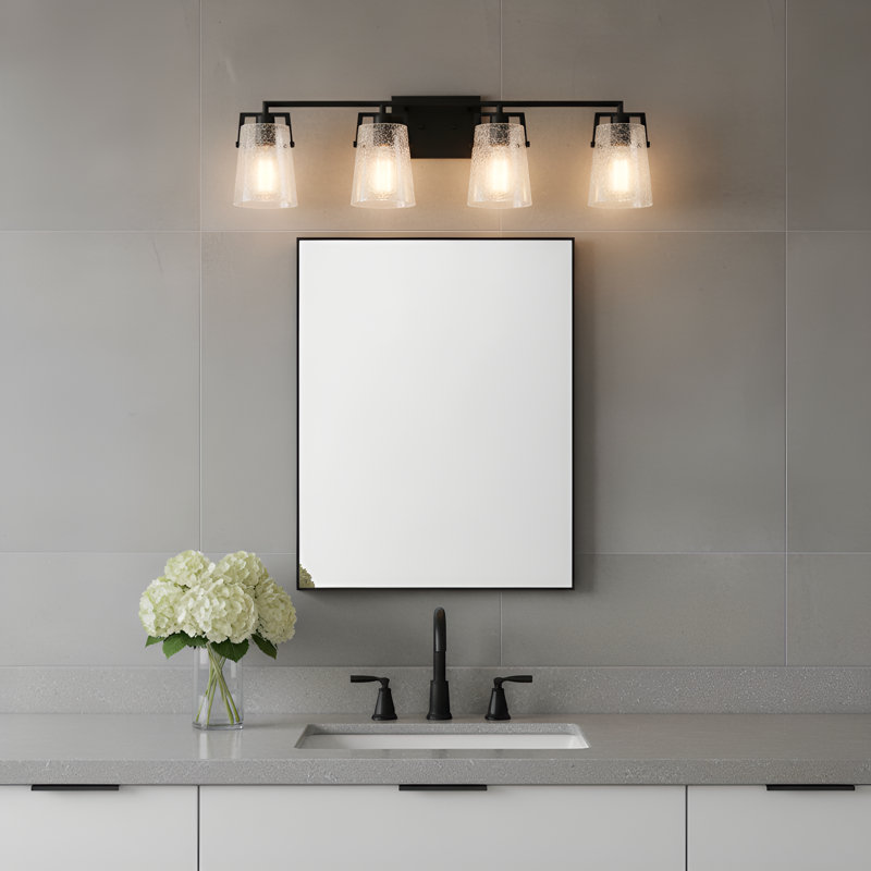 Crofton Bathroom Bedroom Wall Fixture With Clear Crackle Glass Shade, Midnight Black, 9" H x 33.375" W x 7.5" D, 4 Lights